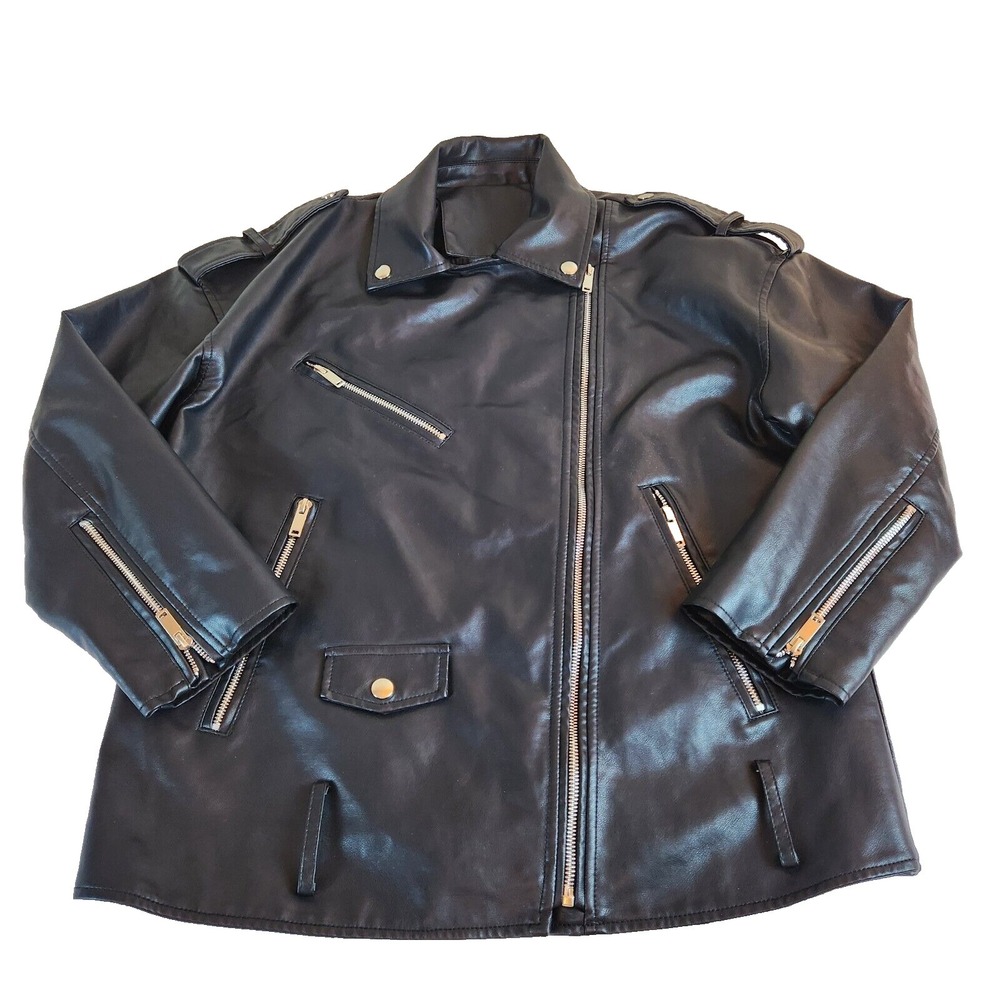 Unbranded Black Faux Leather Zip Moto Jacket Womens Size Small Oversized Coat‎